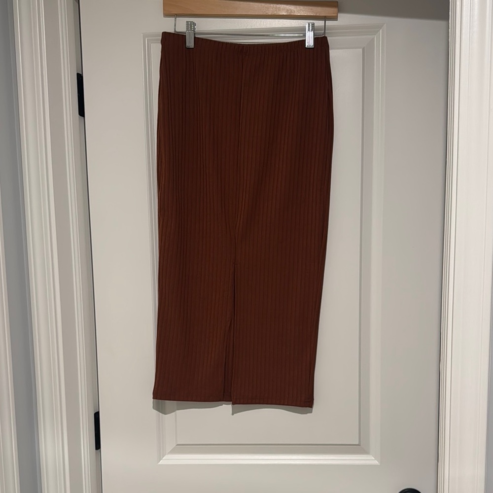 Ribbed Rust Midi Front Slit Pencil Stretchy Skirt